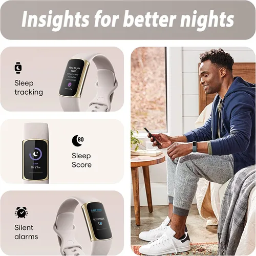Vista 5 de Fitbit Charge 5 Advanced Fitness & Health Tracker (blanco) con GPS integrado, herramientas de gestión de estrés, paquete con 2 correas de reloj