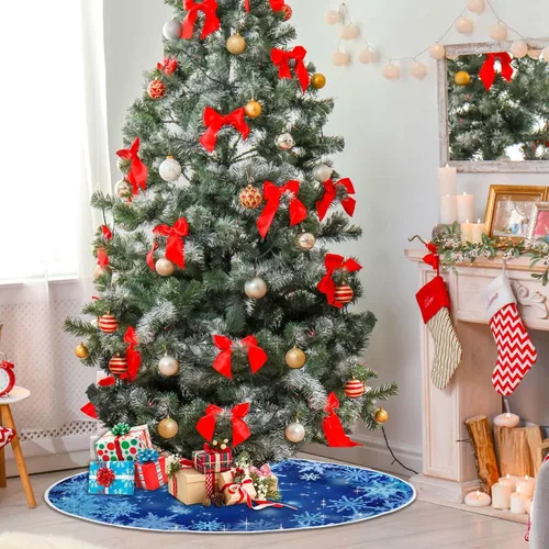 Vista 4 de ALAZA Decoración de falda de árbol de Navidad, adorno pequeño de 35.4 pulgadas con copos de nieve azules de invierno con purpurina para fiesta