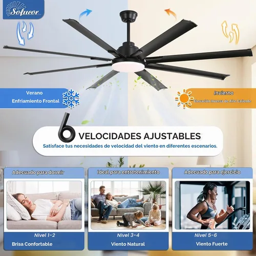 Vista 6 de Sofucor - Ventilador de techo inteligente de 84 pulgadas con luz, ventilador de techo negro para exteriores con 8 aspas de aluminio, funciona