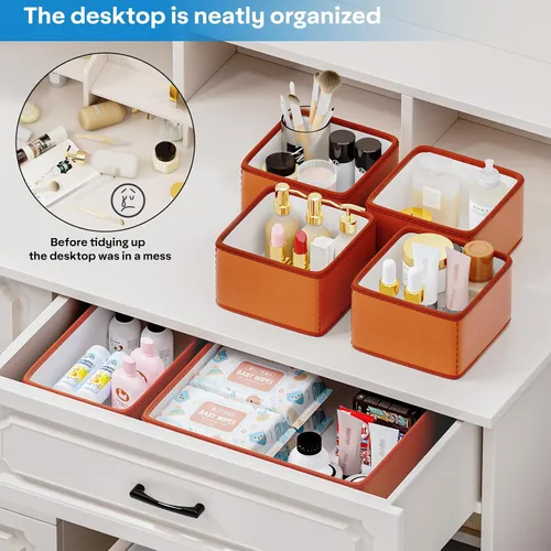 Vista 3 de Organizadores de Cajones de Cuero Vegano, Juego de 8 Cajas de Almacenamiento para Maquillaje, Mejora de Lujo para Cajones de Tocador, Reemplazo