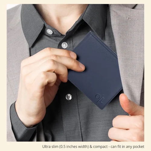 Vista 18 de Cartera delgada de cuero para hombre, bloqueo RFID, bolsillo frontal minimalista, delgada y elegante con ventana de identificación, regalo