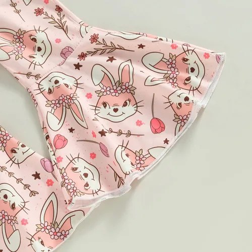 Vista 6 de Conjunto de ropa de verano con estampado de letras, sudadera con estampado de conejo, pantalones acampanados con diadema