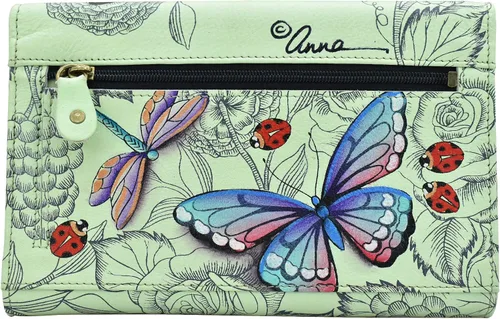 Vista 2 de Anna by Anuschka Women's Ladies Tri Geniune Leather Hand Painted Large Three Fold Checkbook Clutch Wallet-Day of The Dead