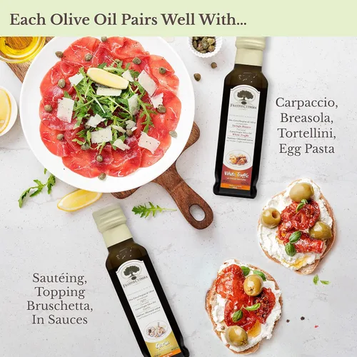 Vista 5 de Mercato di Bellina Juego de regalo de aceite de oliva italiano y balsámico, mini vinagre balsámico, trufa, ajo y aceite de oliva con sabor a limón