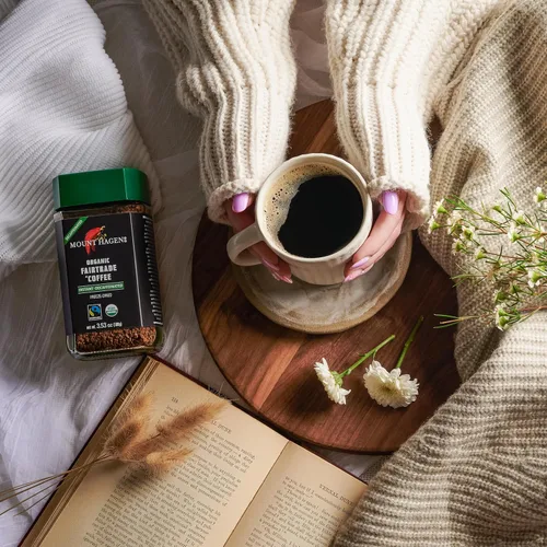 Vista 5 de Mount Hagen Tarro + bolsa resellable descafeinado orgánico liofilizado café instantáneo - Paquete combinado Granos arábica de tostado medio