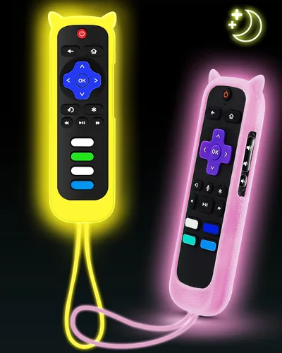Vista 18 de ONEBOM - Juego de 2 fundas para control remoto Roku con diseño de orejas de Azul resplandor y rosa brillante