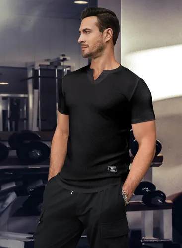Vista 7 de JMIERR Camiseta ajustada para hombre con cuello en V y cuello en V, camiseta Henley para gimnasio, entrenamiento, atlética