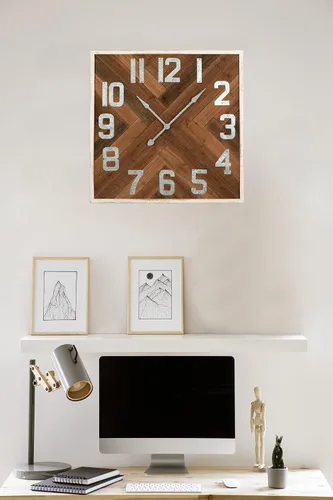 Vista 3 de Creative Co-Op Farmhouse Square Herringbone Wood Inlay and Metal Wall Clock, Distressed Brown