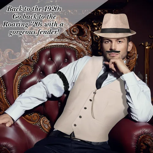 Vista 7 de Disfraz de los años 20 para hombre, atuendo con accesorios, chaleco de gángster de Gatsby, sombrero de fieltro, reloj de bolsillo vintage, tirantes
