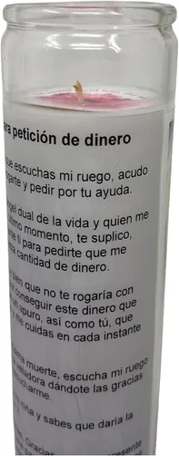Vista 2 de Santa Muerte 14 oz Vaso Grande UNA pieza Vela de oración de una pieza 14 oz de alto vidrio oración al reverso en español Blanca sin Aroma