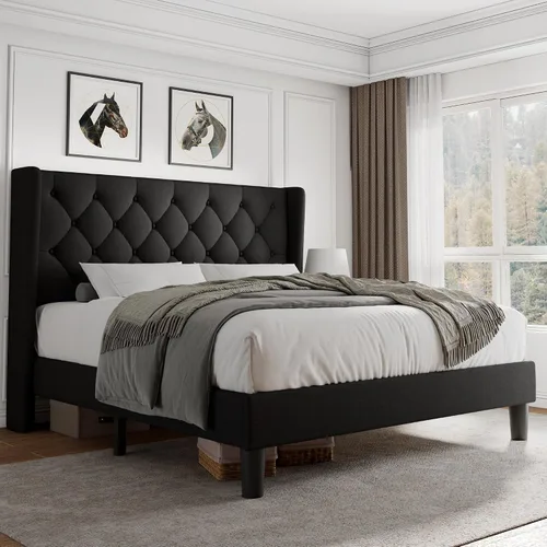 Vista 12 de iPormis - Base de cama tapizada de tamaño completo con cabecera capitonada con botones, base de cama tapizada con listones de madera sólidos, 20 cm
