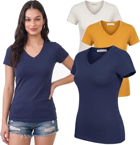 Vista 152 de Emmalise Camiseta de manga corta para mujer, cuello en V, tallas junior y plus