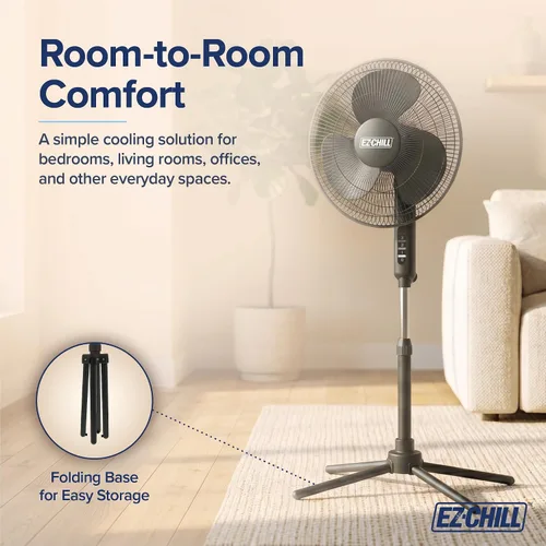 Vista 5 de EZ-Chill Ventilador de pie oscilante de 16 pulgadas, opciones de 3 velocidades, cabezal oscilante de 90 grados, altura y inclinación ajustables