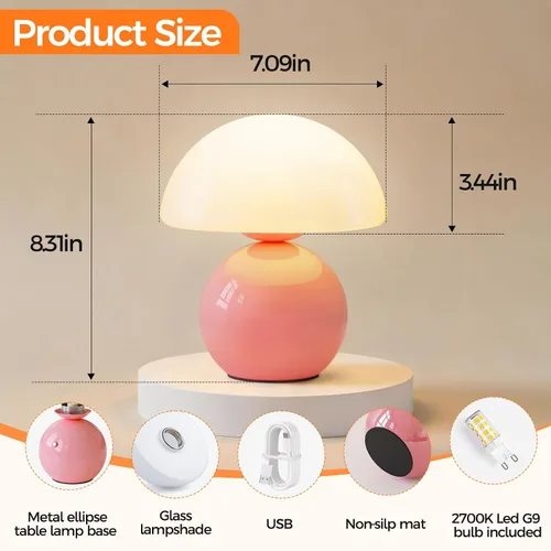Vista 2 de NIORSUN Lámpara de Mesa con Forma de Hongo para Dormitorio, Lámpara de Mesa Portátil Inalámbrica, Lámpara Inalámbrica, Pequeñas Lámparas Táctiles