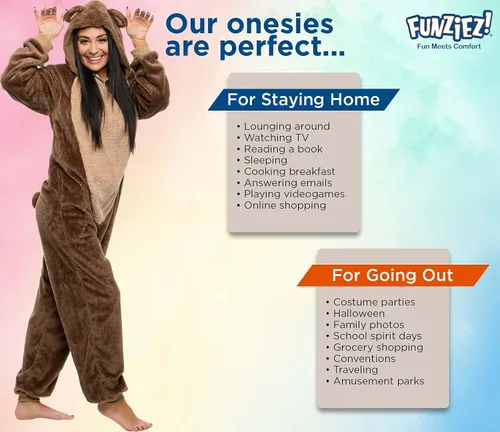Vista 5 de Funziez! Mameluco de sherpa ajustado para adultos, disfraz de Halloween de animales, traje de cosplay de una pieza de felpa para mujeres y hombres