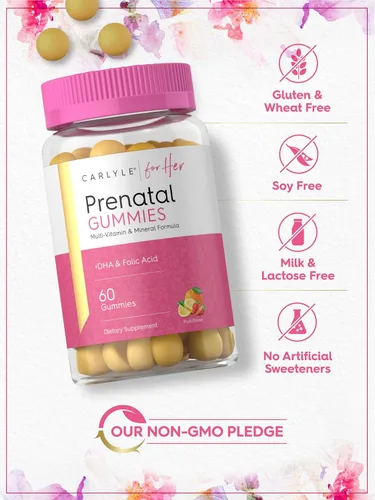 Vista 5 de Carlyle Gomitas prenatales con DHA y ácido fólico, 60 gomitas Suplemento multivitamínico y mineral para mujeres Sabor a fruta Sin OMG, sin
