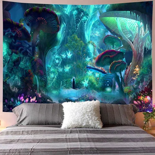 Vista 6 de Aidatain Tapiz de planta de hongos del bosque encantado, cuento de hadas, árbol grande, paisaje de selva, para colgar en la pared, de franela grande