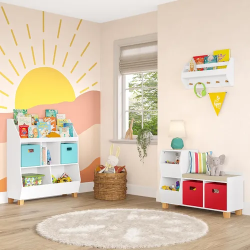 Vista 4 de RiverRidge Banco organizador de almacenamiento de juguetes para niños con cubos y cubos de juguetes para sala de juegos, organizador de cubos