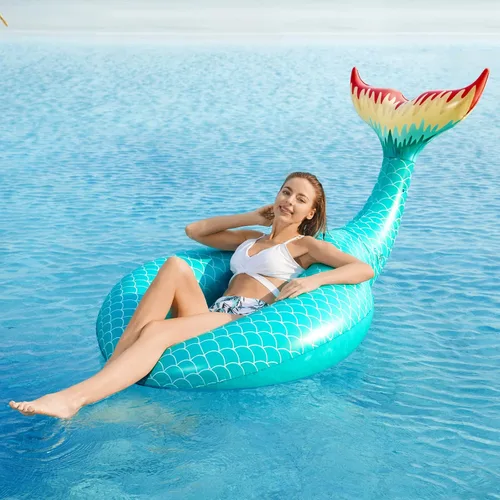 Vista 3 de Jasonwell Flotador inflable gigante de cola de sirena con válvulas rápidas, flotadores de piscina, tubo de verano, playa, piscina, fiesta, balsa