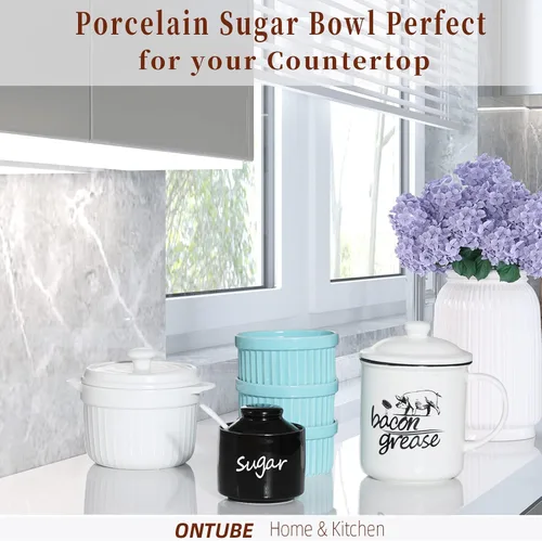 Vista 5 de ONTUBE Azucarero de cerámica con tapa y cuchara, tarro de azúcar de porcelana, 8oz (Negro)