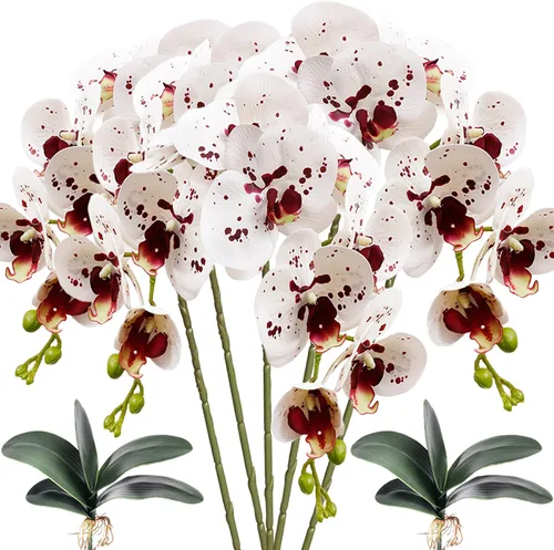 Vista 9 de HinyoCo 5 piezas de orquídeas artificiales y 2 paquetes de hojas, flores artificiales de Phalaenopsis de 32 pulgadas para decoración del hogar
