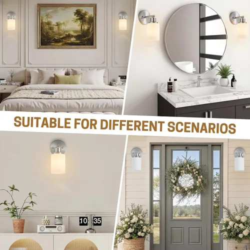 Vista 9 de Paquete de 2 luces de tocador de 1 luz, lámpara de baño de níquel cepillado con pantalla de vidrio blanco lechoso texturizado, accesorio