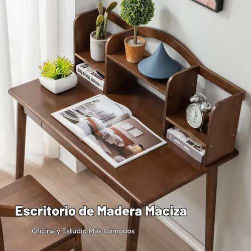 Vista 4 de Escritorio de madera maciza con cajones, escritorio de computadora de madera para oficina en casa (color nogal 40 pulgadas)