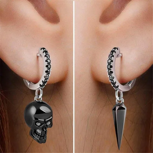 Vista 2 de Gnoce Juego de aretes de calavera y punzón de plata de ley chapada en negro Skull Love con circonita cúbica negra joyería de regalo para mujeres