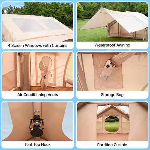 Vista 2 de Tienda de campaña inflable con bomba y 1/2 toldos, tiendas de campaña de aire para 8 a 14 personas para acampar adultos, tienda de campaña grande