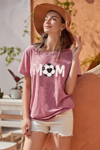 Vista 4 de Camiseta de fútbol para mujer, camiseta de fútbol para el día del juego, camiseta gráfica impresa con letras para mamá, pelota de fútbol, camiseta
