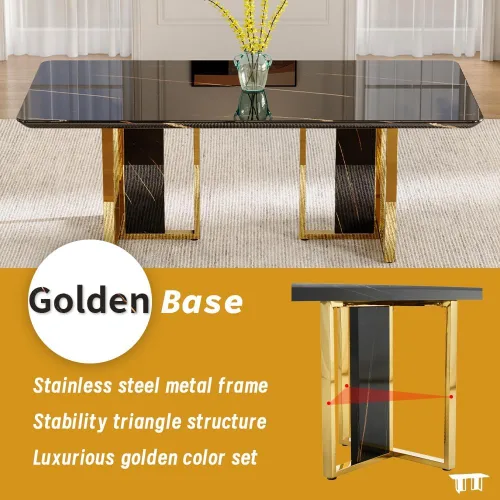 Vista 4 de Juego de mesa de comedor de mármol negro dorado de 79 pulgadas para 8 Sillas negras+oro