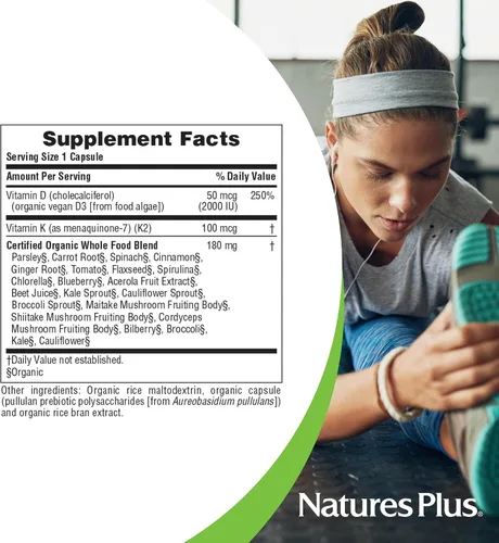 Vista 5 de NaturesPlus Source of Life Garden Vitamina D3 y K2 - 60 cápsulas - Sistema inmunológico y apoyo óseo - Certificado orgánico USDA, vegano, sin gluten