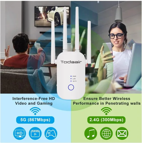 Vista 5 de Amplificador de señal WiFi de 1200 Mbps, cubre hasta 3500 pies cuadrados y 35 dispositivos, repetidor WiFi de doble banda de 2.4 y 5 GHz con puerto