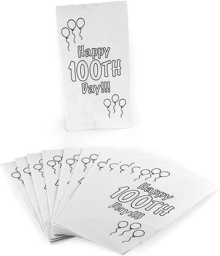 Vista 3 de Hygloss Productos Bolsas de papel Happy 100th Day, paquete de 25, blancas 25