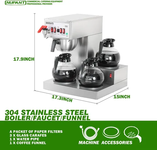 Vista 6 de NUPANT Cafetera Comercial de 12 Tazas, Cafetera Automática de Goteo con Relleno Automático y 3 Jarras de Vidrio, 3 Calentadores, Cafetera de Acero