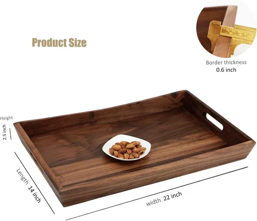Vista 2 de Bandeja otomana rectangular curvada de madera de nogal negro de 22 x 14 pulgadas con asas, sirve té, café, bandeja decorativa de madera clásica