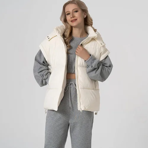 Vista 3 de Shiyifa Chaleco acolchado para mujer, chaqueta de gran tamaño, sin mangas, ligera, con cremallera, con capucha desmontable