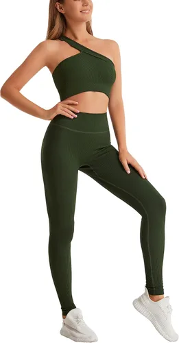Vista 3 de Yknktstc Conjuntos de entrenamiento para mujer brasier deportivo acanalado sin costuras traje de 2 piezas cintura alta gimnasio yoga leggings