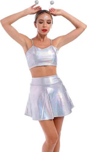 Vista 5 de Top corto holográfico metálico brillante con hombros descubiertos para mujer, blusa de tubo para rave, casual, sin tirantes, chaleco básico sexy