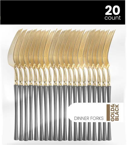 Vista 4 de PlasticPro 20 unidades de tenedores de cena de plástico dorado de calidad premium resistentes desechables elegantes cubiertos de cena para fiesta