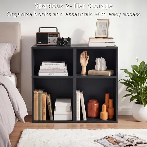 Vista 7 de YAHARBO Estantería de 2 cubos, soporte para tocadiscos negro con almacenamiento de vinilo de hasta 100 álbumes, estante horizontal para libros