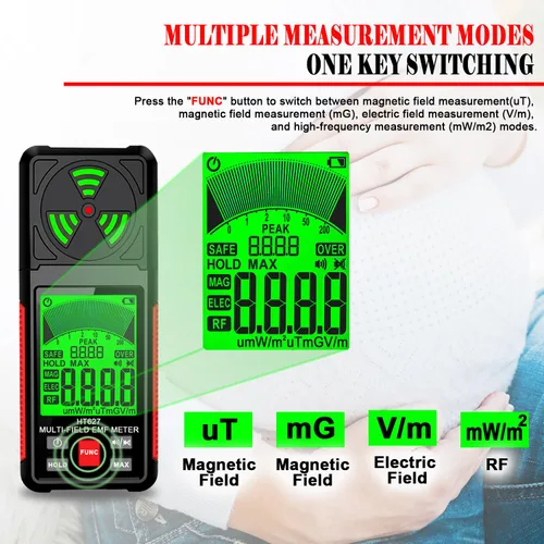 Vista 4 de Medidor EMF, detector de radiación de campo electromagnético portátil 3 en 1, probador EMF de mano para EF, RF, MF, señal WiFi, detector