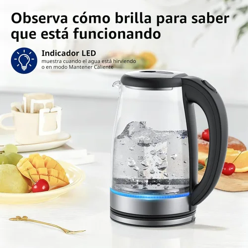 Vista 5 de Hervidor eléctrico de vidrio de 2 L, 1500 W, hervidor de agua caliente de ebullición rápida con apagado automático, luz LED, sin BPA, vidrio