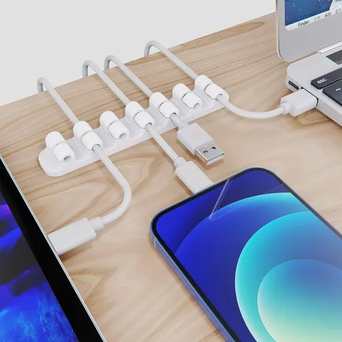 Vista 2 de SOULWIT Soporte de cable mejorado, clips de organizador de cable de gestión de cables de silicona autoadhesivos para cable de carga USB de Blanco