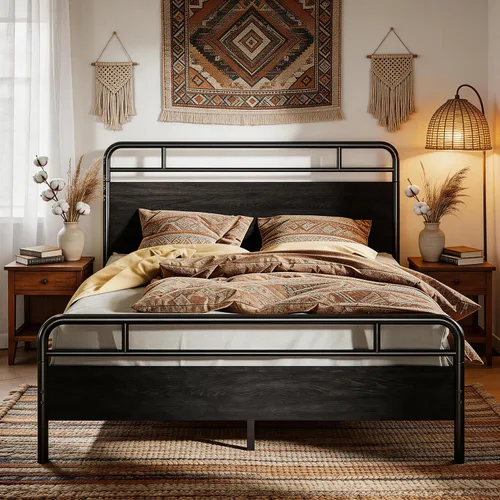Vista 14 de SHA CERLIN Base de cama tamaño completo con cabecera de madera industrial vintage, plataforma de metal resistente con almacenamiento debajo