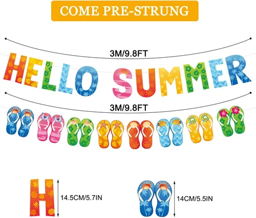 Vista 2 de Cartel de Hello Summer y colorido banner de verano hawaiano tropical playa piscina sandalias guirnalda banner verano vacaciones fiesta cumpleaños