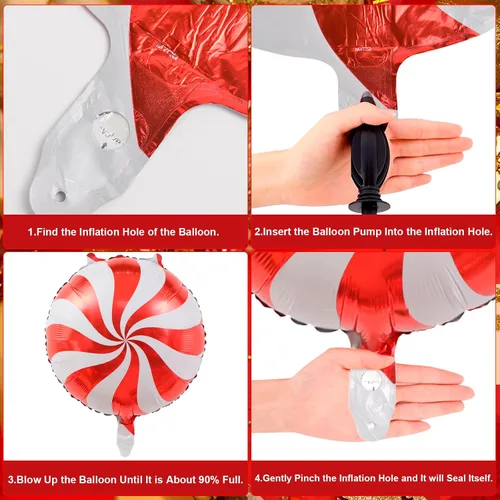 Vista 3 de Decoraciones de globos de bastón de caramelo de Navidad, 42 globos de papel de aluminio de bastón de caramelo con cinta, globo redondo de Mylar