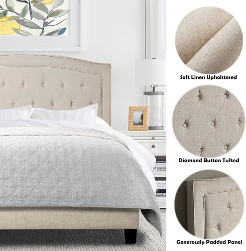 Vista 3 de Rosevera Jordana - Marco de cama de panel con cabecera ajustable con botones para dormitorio, tapizado de lino, soporte de listones de madera, fácil