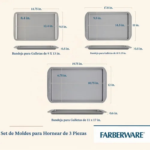 Vista 2 de Farberware Juego de utensilios para hornear antiadherentes, juego de bandejas para galletas de 3 piezas, color gris