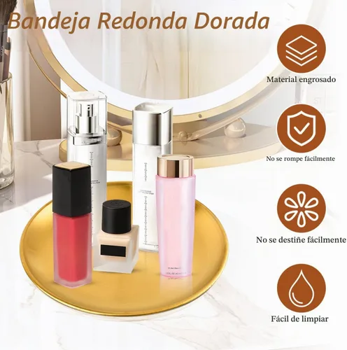 Vista 3 de 8 bandejas redondas doradas de 9 pulgadas, bandejas de postre de acero inoxidable, bandeja de barra para encimera, bandejas de perfume para tocador